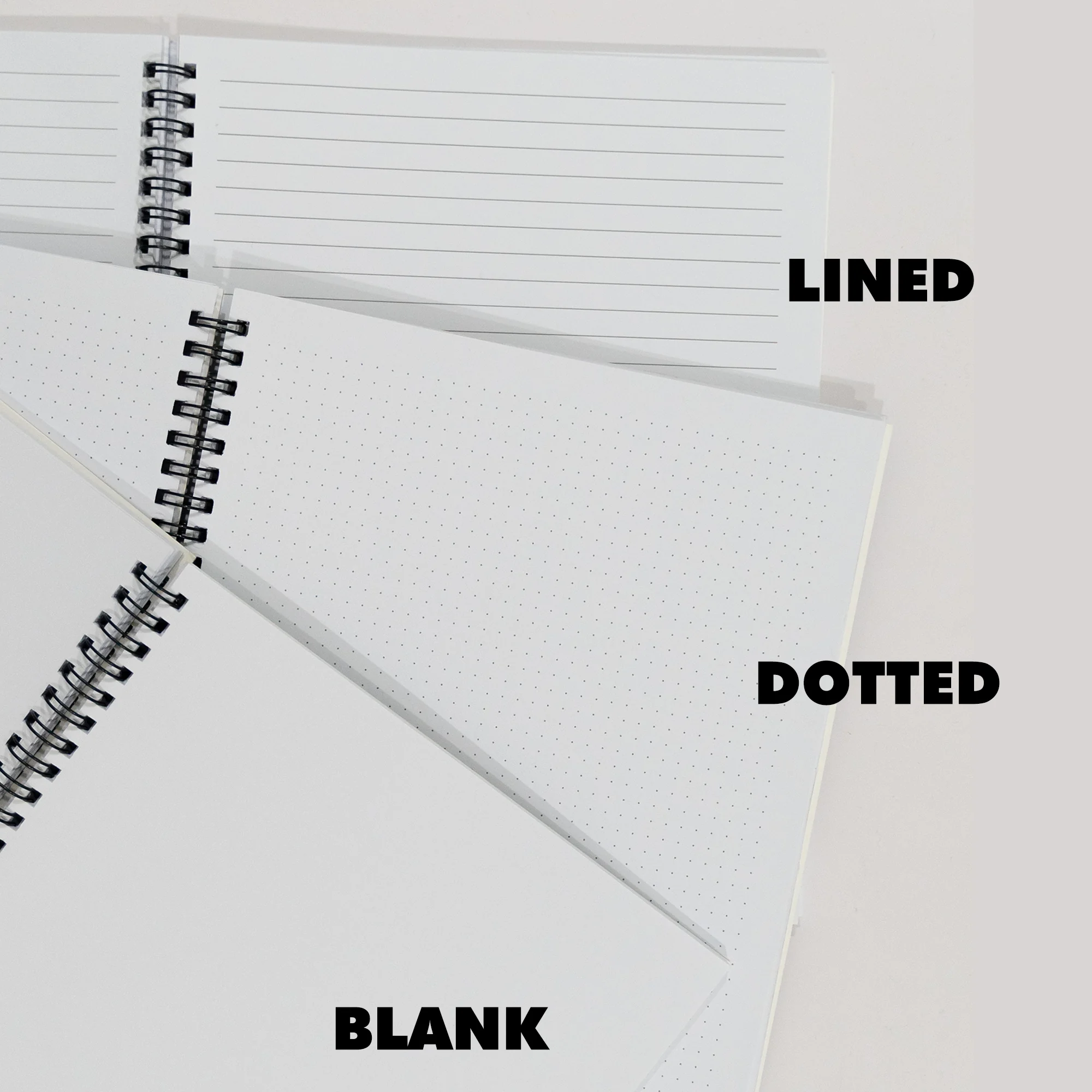 LOAF notebook page styles showing lined, dotted and plain pages